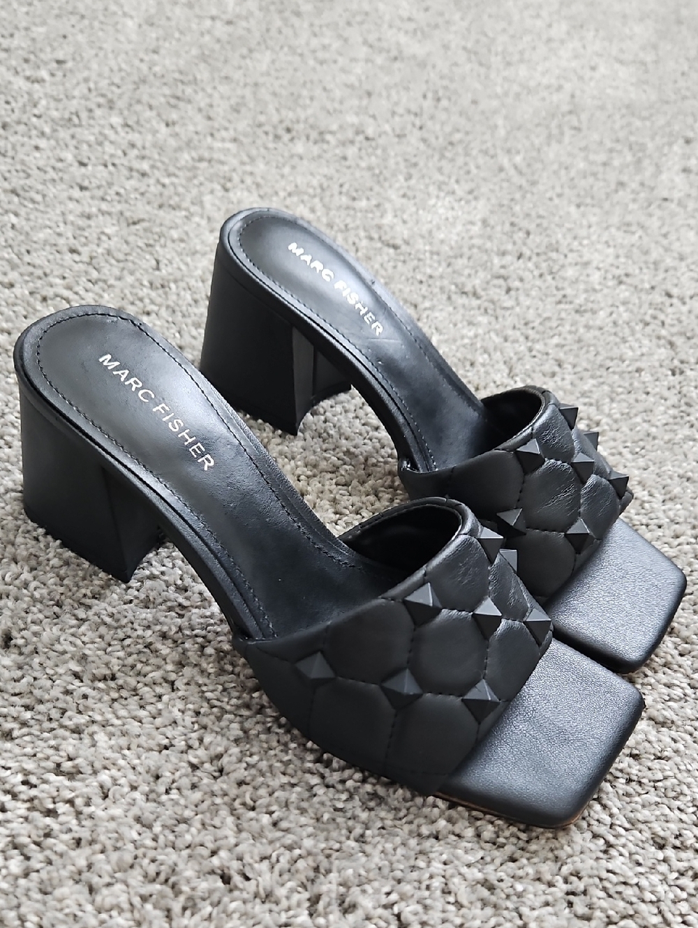 Marc Fisher Black Quilted Block Heel Slide Sandals